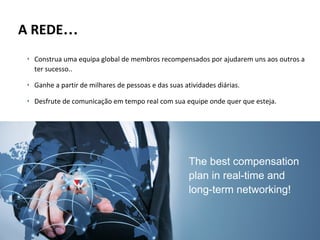 A REDE…
‣ Construa uma equipa global de membros recompensados ​por ajudarem uns aos outros a
ter sucesso..
‣ Ganhe a partir de milhares de pessoas e das suas atividades diárias.
‣ Desfrute de comunicação em tempo real com sua equipe onde quer que esteja.

The best compensation
plan in real-time and
long-term networking!

 