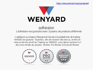 https://wenyard.com/signup/alswell

adhesion
L'adhésion est gratuite avec 3 packs de produits différents
L’adhésion au réseau Wenyard et l'accès à la plateforme de trading
NASGO est gratuite. Toutefois, afin de recevoir des bonus, et être en
mesure de tirer profit du Trading sur NASGO, vous devez acheter l'un
des trois forfaits du produit - Broker, Pro Broker et Executif Broker

 