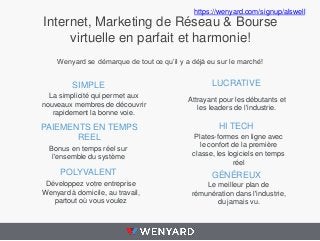 https://wenyard.com/signup/alswell

Internet, Marketing de Réseau & Bourse
virtuelle en parfait et harmonie!
Wenyard se démarque de tout ce qu’il y a déjà eu sur le marché!

SIMPLE
La simplicité qui permet aux
nouveaux membres de découvrir
rapidement ​la bonne voie.

PAIEMENTS EN TEMPS
REEL
Bonus en temps réel sur
l'ensemble du système

POLYVALENT
Développez votre entreprise
Wenyard à domicile, au travail,
partout où vous voulez

LUCRATIVE
Attrayant pour les débutants et
les leaders de l'industrie.

HI TECH
Plates-formes en ligne avec
le confort de la première
classe, les logiciels en temps
réel

GÉNÉREUX
Le meilleur plan de
rémunération dans l'industrie,
du jamais vu.

 