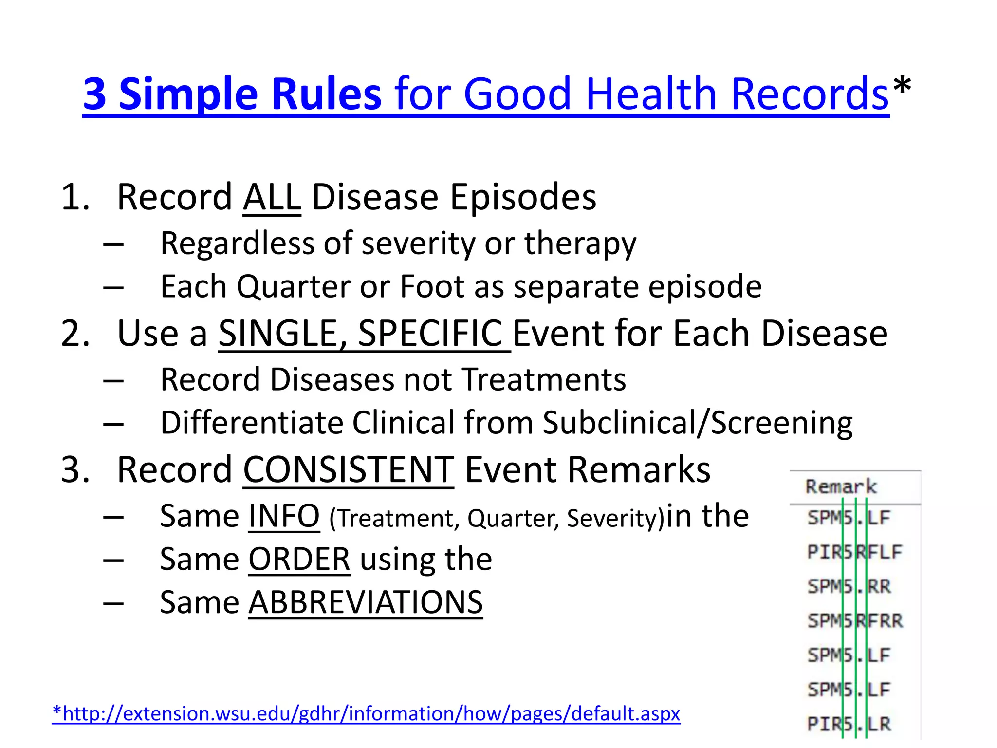 3 Simple Rules for Good Health Records*

1. Record ALL Disease Episodes
     – Regardless of severity or therapy
     – Each Quarter or Foot as separate episode
2. Use a SINGLE, SPECIFIC Event for Each Disease
     – Record Diseases not Treatments
     – Differentiate Clinical from Subclinical/Screening
3. Record CONSISTENT Event Remarks
     – Same INFO (Treatment, Quarter, Severity)in the
     – Same ORDER using the
     – Same ABBREVIATIONS

*http://extension.wsu.edu/gdhr/information/how/pages/default.aspx
 