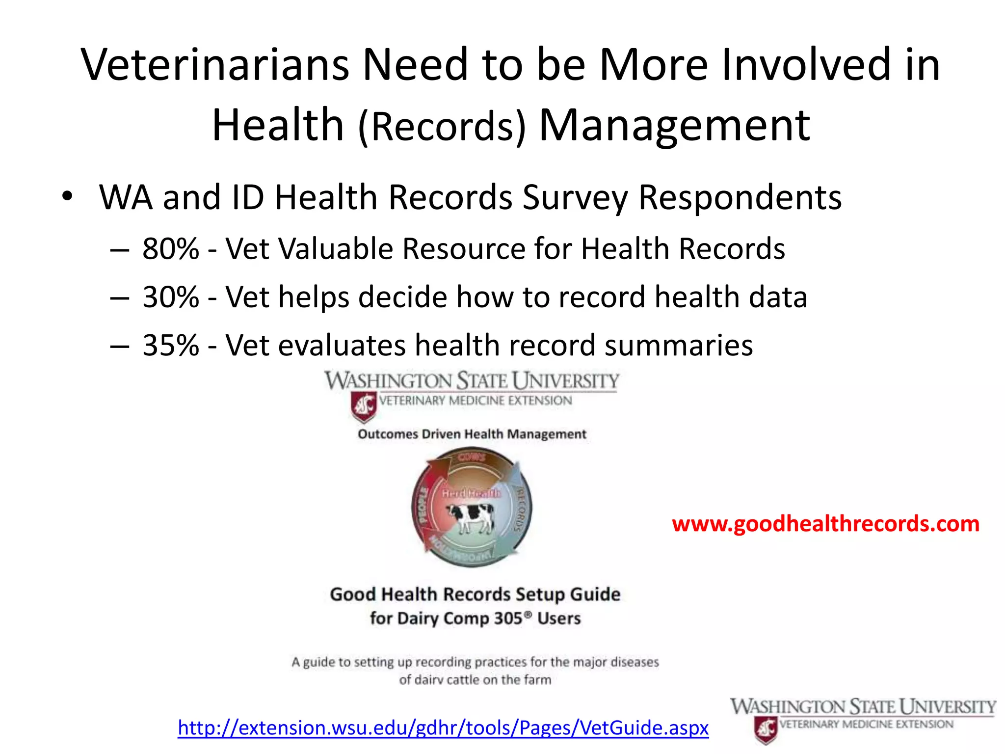 Veterinarians Need to be More Involved in
       Health (Records) Management
• WA and ID Health Records Survey Respondents
  – 80% - Vet Valuable Resource for Health Records
  – 30% - Vet helps decide how to record health data
  – 35% - Vet evaluates health record summaries




                                                         www.goodhealthrecords.com




      http://extension.wsu.edu/gdhr/tools/Pages/VetGuide.aspx
 