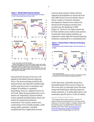 3


Figure 2. Selected High-Frequency Indicators                                                      concerns about systemic failure and have
(Annualized percent change of 3-month moving average over previous
3-month moving average unless otherwise noted)                                                    supported intermediation (as discussed in the
                                                                                                  July 2009 Global Financial Stability Report
20 Industrial Production                          Manufacturing Purchasing
                                                  Managers Index
                                                                                         65       Market Update). Consistent with these
15                      Emerging

10
                       economies1                 (index)
                                                                        Emerging         60       developments, financial stress indexes for
                                                                       economies1
  5                                                                                      55       advanced and emerging economies have
  0
     Advanced                                                                            50       receded since the beginning of 2009
 -5 economies2
-10
                         World
                                                                                         45       (Figure 3).1 However, the improvements are
-15                                                                                      40       far from uniform across markets and countries.
-20                                                                   Advanced
-25
                                                                      economies2         35       In particular, bank lending conditions are
-30
       2005     06       07       08     Apr.       2005      06      07        08    May
                                                                                         30       expected to remain tight and external financing
                                          09                                           09
                                                                                                  conditions constrained for a considerable time.
60    Merchandise Exports                          Retail Sales                         25
                                 World
          Emerging                                       Emerging                                 Figure 3. Financial Stress in Advanced and Emerging
40       economies1                                                                     20
                                                        economies1                                Economies1
                                                                                        15
20                                                                                                (Purchasing-power-parity-weighted average; stress index deviation from
                                                                        World           10        average)
 0
                                                                                        5
-20             Advanced
                economies2                                                              0                 Advanced Economies                       Emerging Economies
                                                                                                  20                                                                        Emerging        10
-40                                                                   Advanced                                              United States
                                                                     economies2         -5                                                                                   Europe
                                                                                                                    Advanced                                                                8
                                                                                                  15                                                    Emerging
-60                                                                                     -10                         economy
                                                                                                                                                        economy
                                                                                                                    aggregate                                                               6
                                                                                                                                                        aggregate
-80                                                                                    -15                                                                          Emerging
       2005     06       07       08 Apr.           2005      06      07        08   Apr.         10                                                                  Asia                  4
                                      09                                              09
                                                                                                      5                                                                                     2
  Sources: Haver Analytics; and IMF staff calculations.                                                                          Japan
  1Argentina, Brazil, Bulgaria, Chile, China, Colombia, Estonia, Hungary, India, Indonesia,                                                                                                 0
                                                                                                      0                                                                         Latin
Latvia, Lithuania, Malaysia, Mexico, Pakistan, Peru, Philippines, Poland, Romania, Russia,                                                                                                  -2
                                                                                                                                 Western                                       America
Slovak Republic, South Africa, Thailand, Turkey, Ukraine, and Venezuela.                                                         Europe
  2Australia, Canada, Czech Republic, Denmark, euro area, Hong Kong SAR, Israel, Japan,
                                                                                                  -5                                                                                        -4
Korea, New Zealand, Norway, Singapore, Sweden, Switzerland, T     aiwan Province of China,                   2007           08           May            2007              08             Apr.
United Kingdom, and United States.                                                                                                        09                                              09


                                                                                                    Source: IMF staff calculations.
                                                                                                   1The financial stress indices are expressed as a deviation from average since mid 1990s.
                                                                                                  The components of the indices for advanced and emerging economies differ.
Going forward, the pace of recovery will
depend on the balance between opposing
forces. The downward drag exerted by the
                                                                                                  At the same time, commodity prices have
financial shock, the sharp fall of global trade,
                                                                                                  rebounded ahead of the recovery (Figure 4).
and the general increase in uncertainty and
                                                                                                  The recent rally in commodity prices has been
collapse of confidence is gradually
                                                                                                  strong and broad-based, reflecting improved
diminishing. However, supportive forces are
                                                                                                  market sentiment, U.S. dollar depreciation, and
still weak. Many housing markets have yet to
                                                                                                  commodity-specific factors. In the oil market,
bottom out. Importantly, financial markets
remain impaired and bank balance sheets still                                                     1
                                                                                                   The Financial Stress Index captures episodes of
need to be cleaned and institutions
                                                                                                  impaired financial intermediation by assessing market
restructured. Cuts in policy interest rates,                                                      responses in securities markets, exchange markets, and
continued provision of ample liquidity, credit                                                    the banking sector (see Balakrishnan, Danninger,
easing, public guarantees, and bank                                                               Elekdag, and Tytell, 2009, The Transmission of
                                                                                                  Financial Stress from Advanced to Emerging
recapitalization have appreciably lowered                                                         Economies, IMF Working Paper No. 09/133).
 