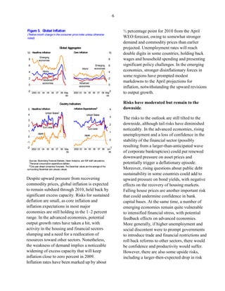 6


Figure 5. Global Inflation                                                                        ½ percentage point for 2010 from the April
(Twelve-month change in the consumer price index unless otherwise
noted)                                                                                            WEO forecast, owing to somewhat stronger
                                                                                                  demand and commodity prices than earlier
                                    Global Aggregates                                             projected. Unemployment rates will reach
10 Headline Inflation                            Core Inflation                         10        double digits in some countries, holding back
             Emerging
 8          economies                                                                   8         wages and household spending and presenting
 6                                                                      Emerging        6         significant policy challenges. In the emerging
                                                          World        economies
 4              World                                                                   4
                                                                                                  economies, stronger disinflationary forces in
                                                                                                  some regions have prompted modest
 2                                                                                      2
                 Advanced
                economies                              Advanced
                                                                                                  markdowns to the April projections for
 0                                                                                      0
                                                       economies                                  inflation, notwithstanding the upward revisions
-2                                                                                      -2
     2002 03 04 05 06 07 08 May                  2002 03 04 05 06 07 08 May                       to output growth.
                             09                                          09


                                    Country Indicators                                            Risks have moderated but remain to the
5 Headline Inflation                              Inflation Expectations2                4        downside.
                   United States1
4                                                              United States
                                                                                         3
3
                                                                                                  The risks to the outlook are still tilted to the
2                                                                                        2        downside, although tail risks have diminished
                Euro area
1
                                                                  Euro area                       noticeably. In the advanced economies, rising
                                                                                         1
0
           Japan
                                                             Japan                                unemployment and a loss of confidence in the
-1
                                                                                         0        stability of the financial sector (possibly
-2                                                                                       -1       resulting from a larger-than-anticipated wave
     2002 03 04 05 06 07 08 May                   2002 03 04 05 06 07 08               Jun.
                             09                                                          09       of corporate bankruptcies) could put renewed
                                                                                                  downward pressure on asset prices and
  Sources: Bloomberg Financial Markets; Haver Analytics; and IMF staff calculations.
  1Personal consumption expenditure deflator.                                                     potentially trigger a deflationary episode.
  2One-year-ahead consensus forecasts. The December values are the average of the
surrounding November and January values.                                                          Moreover, rising questions about public debt
                                                                                                  sustainability in some countries could add to
Despite upward pressure from recovering                                                           upward pressure on bond yields, with negative
commodity prices, global inflation is expected                                                    effects on the recovery of housing markets.
to remain subdued through 2010, held back by                                                      Falling house prices are another important risk
significant excess capacity. Risks for sustained                                                  that could undermine confidence in bank
deflation are small, as core inflation and                                                        capital bases. At the same time, a number of
inflation expectations in most major                                                              emerging economies remain quite vulnerable
economies are still holding in the 1–2 percent                                                    to intensified financial stress, with potential
range. In the advanced economies, potential                                                       feedback effects on advanced economies.
output growth rates have taken a hit, with                                                        More generally, if higher unemployment and
activity in the housing and financial sectors                                                     social discontent were to prompt governments
slumping and a need for a reallocation of                                                         to introduce trade and financial restrictions and
resources toward other sectors. Nonetheless,                                                      roll back reforms to other sectors, there would
the weakness of demand implies a noticeable                                                       be confidence and productivity would suffer.
widening of excess capacity that will keep                                                        However, there are also some upside risks,
inflation close to zero percent in 2009.                                                          including a larger-then-expected drop in risk
Inflation rates have been marked up by about
 