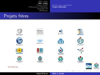 Wiki –pédia
Wiki –média
Projets GLAM
L’Éducation et Wikipédia
ÉdupédiA TN
WikiArabia
Besoin d’une organisation
Projets Wikimédia
Projets frères
wikimedia.org
Habib M’henni WEP et GLAM
 