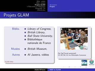 Wiki –pédia
Wiki –média
Projets GLAM
L’Éducation et Wikipédia
ÉdupédiA TN
WikiArabia
Acronyme
Projets
Projets GLAM
Biblio. Library of Congress,
British Library,
Ball State University,
Bibliothèque
nationale de France
Musées British Museum,
Autres Al Jazeera, vidéos
GLAM Wiki
Par Fæ(Travail personnel)
CC BY-SA 3.0 via Wikimedia Commons
Habib M’henni WEP et GLAM
 