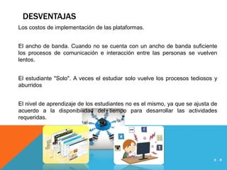 DESVENTAJAS
Los costos de implementación de las plataformas.
El ancho de banda. Cuando no se cuenta con un ancho de banda suficiente
los procesos de comunicación e interacción entre las personas se vuelven
lentos.
El estudiante "Solo". A veces el estudiar solo vuelve los procesos tediosos y
aburridos
El nivel de aprendizaje de los estudiantes no es el mismo, ya que se ajusta de
acuerdo a la disponibilidad del tiempo para desarrollar las actividades
requeridas.
E . R
 