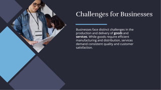 Challenges for Businesses
Challenges for Businesses
Businesses face distinct challenges in the
production and delivery of goods and
services. While goods require eﬃcient
manufacturing and distribution, services
demand consistent quality and customer
satisfaction.
Businesses face distinct challenges in the
production and delivery of goods and
services. While goods require eﬃcient
manufacturing and distribution, services
demand consistent quality and customer
satisfaction.
 