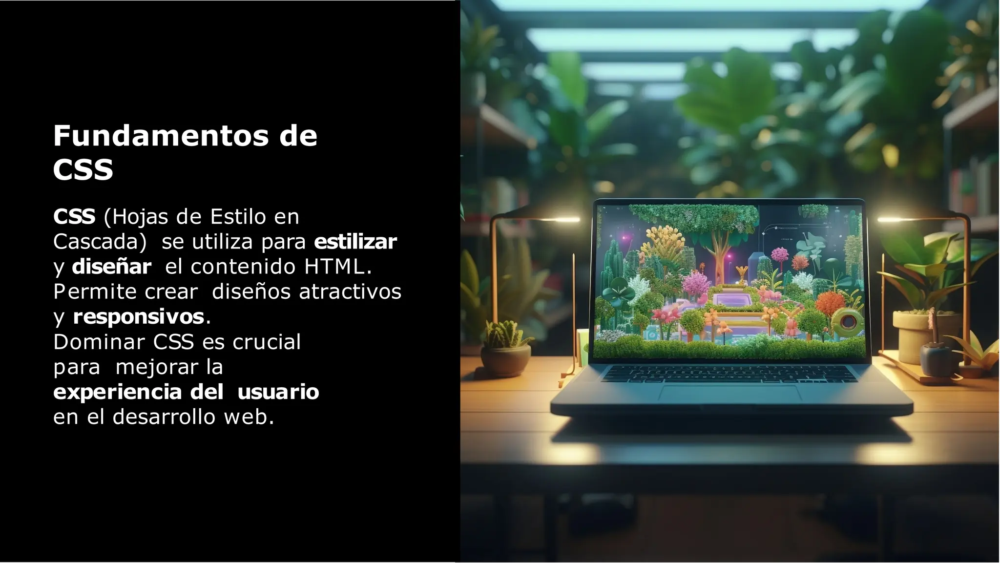 CSS (Hojas de Estilo en
Cascada) se utiliza para estilizar
y diseñar el contenido HTML.
Permite crear diseños atractivos
y responsivos.
Dominar CSS es crucial
para mejorar la
experiencia del usuario
en el desarrollo web.
Fundamentos de
CSS
 