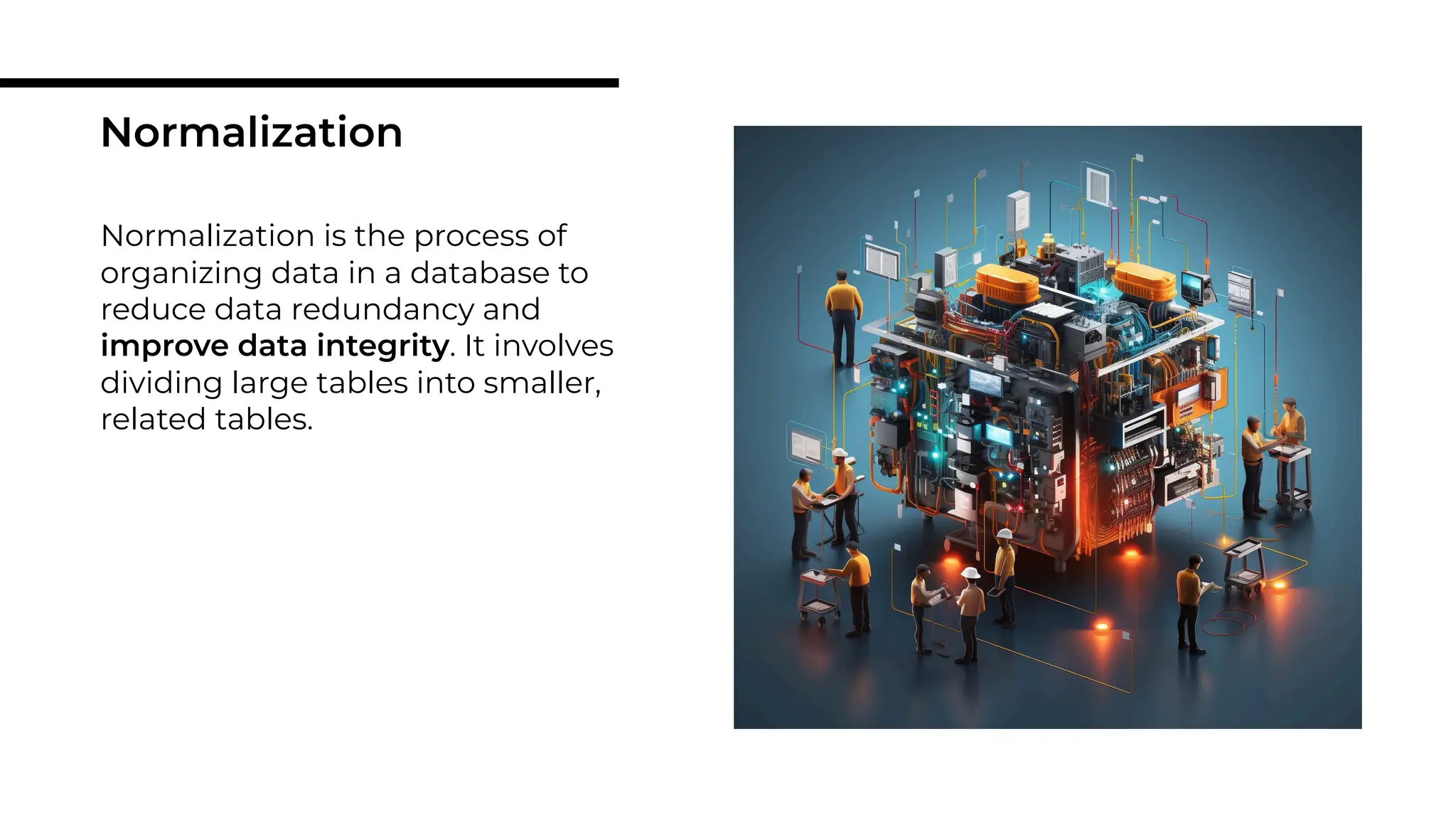 Normalization is the process of
organizing data in a database to
reduce data redundancy and
improve data integrity. It involves
dividing large tables into smaller,
related tables.
Normalization
 