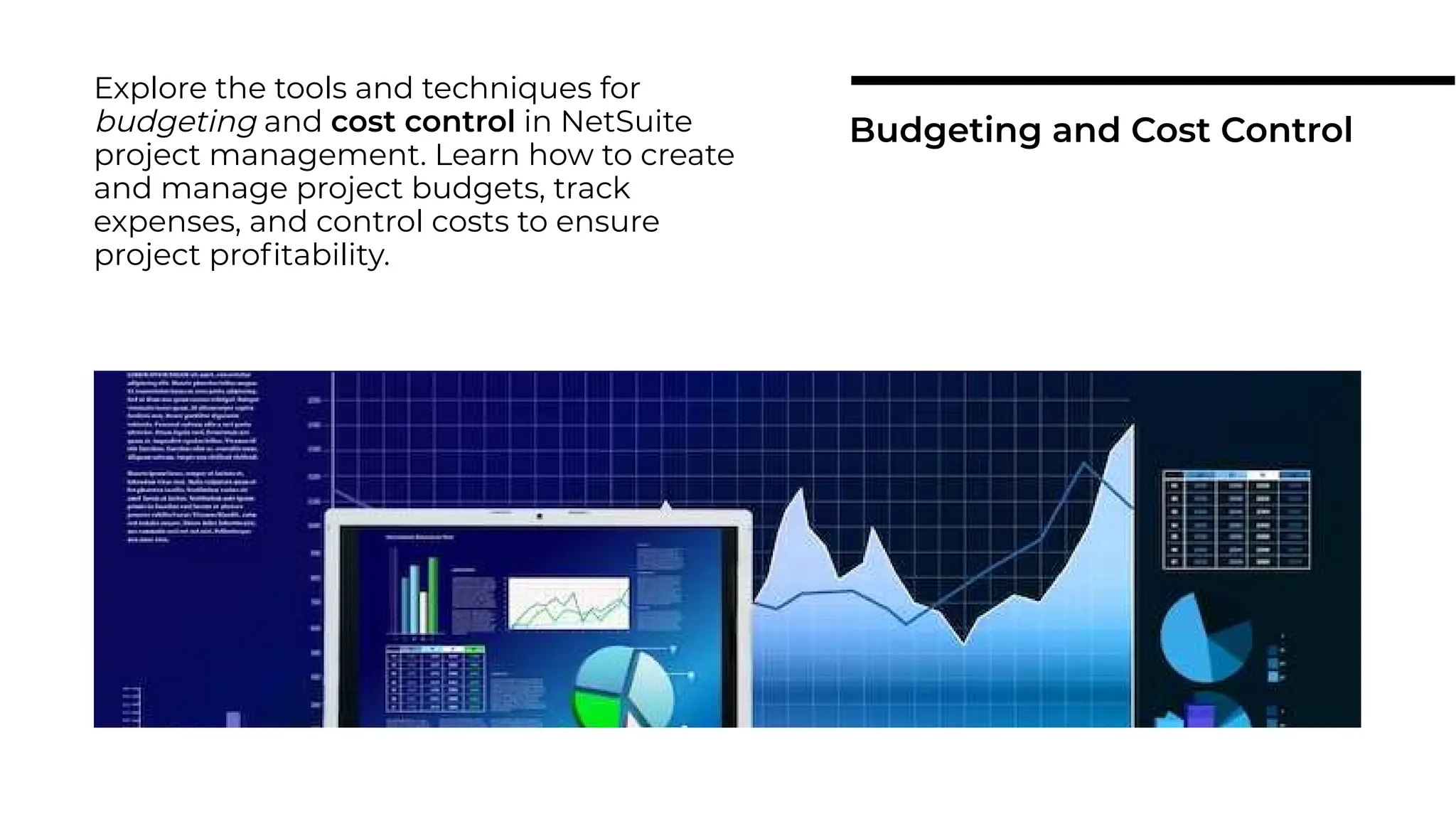 Explore the tools and techniques for
budgeting and cost control in NetSuite
project management. Learn how to create
and manage project budgets, track
expenses, and control costs to ensure
project proﬁtability.
Budgeting and Cost Control
 