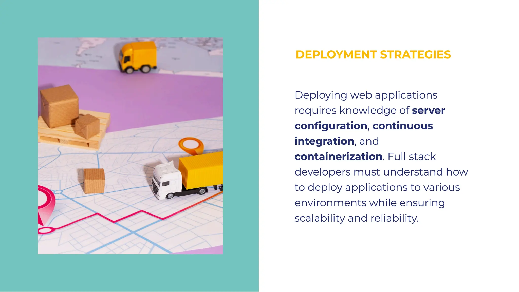 DEPLOYMENT STRATEGIES
DEPLOYMENT STRATEGIES
Deploying web applications
requires knowledge of server
conﬁguration, continuous
integration, and
containerization. Full stack
developers must understand how
to deploy applications to various
environments while ensuring
scalability and reliability.
Deploying web applications
requires knowledge of server
conﬁguration, continuous
integration, and
containerization. Full stack
developers must understand how
to deploy applications to various
environments while ensuring
scalability and reliability.
 