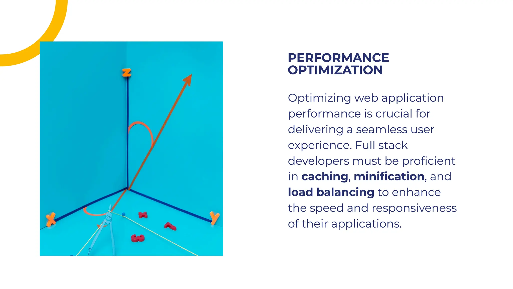 Optimizing web application
performance is crucial for
delivering a seamless user
experience. Full stack
developers must be proﬁcient
in caching, miniﬁcation, and
load balancing to enhance
the speed and responsiveness
of their applications.
Optimizing web application
performance is crucial for
delivering a seamless user
experience. Full stack
developers must be proﬁcient
in caching, miniﬁcation, and
load balancing to enhance
the speed and responsiveness
of their applications.
PERFORMANCE
OPTIMIZATION
PERFORMANCE
OPTIMIZATION
 