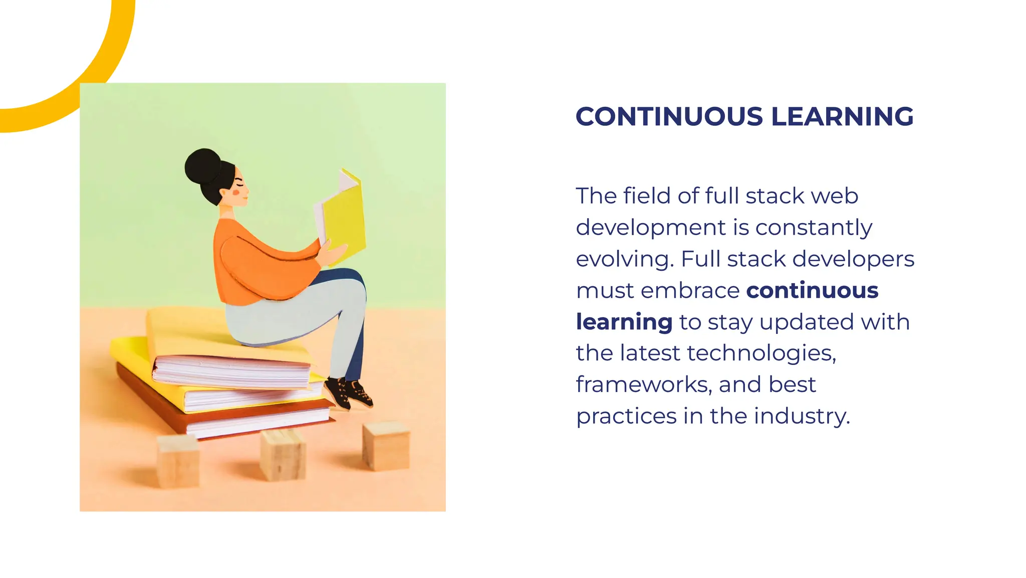 The ﬁeld of full stack web
development is constantly
evolving. Full stack developers
must embrace continuous
learning to stay updated with
the latest technologies,
frameworks, and best
practices in the industry.
The ﬁeld of full stack web
development is constantly
evolving. Full stack developers
must embrace continuous
learning to stay updated with
the latest technologies,
frameworks, and best
practices in the industry.
CONTINUOUS LEARNING
CONTINUOUS LEARNING
 