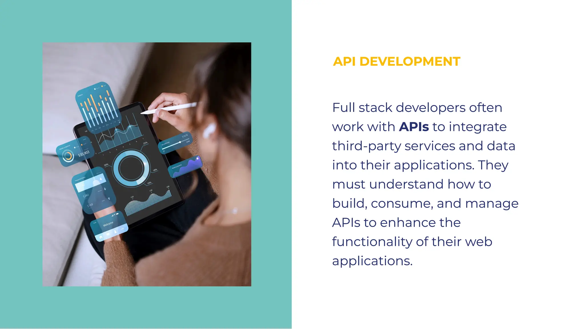 API DEVELOPMENT
API DEVELOPMENT
Full stack developers often
work with APIs to integrate
third-party services and data
into their applications. They
must understand how to
build, consume, and manage
APIs to enhance the
functionality of their web
applications.
Full stack developers often
work with APIs to integrate
third-party services and data
into their applications. They
must understand how to
build, consume, and manage
APIs to enhance the
functionality of their web
applications.
 