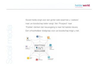 Social media zorgt voor een groter web waarmee u ‘zoekers’
               naar uw boodschap beter vangt. Van ‘Prospect’ naar
Social media

               ‘Publiek’-denken dat nieuwsgierig is naar het laatste nieuws.
               Een ontvankelijker doelgroep voor uw boodschap krijgt u niet.
 