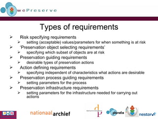 Types of requirements Risk specifying requirements setting (acceptable) values/parameters for when something is at risk ‘ Preservation object selecting requirements’ specifying which subset of objects are at risk Preservation guiding requirements desirable types of preservation actions Action defining requirements specifying independent of characteristics what actions are desirable Preservation process guiding requirements setting parameters for the process Preservation infrastructure requirements setting parameters for the infrastructure needed for carrying out actions 