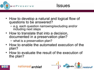 Issues How to develop a natural and logical flow of questions to be answered? e.g. each question narrowing/excluding and/or including next steps How to translate that into a decision, documented in a preservation plan? what is a preservation plan? How to enable the automated execution of the plan? How to evaluate the result of the execution of the plan? 