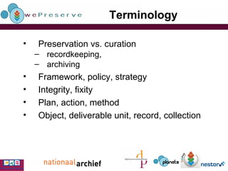Terminology Preservation vs. curation recordkeeping,  archiving Framework, policy, strategy Integrity, fixity Plan, action, method Object, deliverable unit, record, collection 