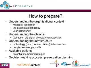 How to prepare? Understanding the organisational context mandate/ legislation the organisational policy user community Understanding the objects (collection of) digital objects: characteristics Understanding the infrastructure technology (past, present, future), infrastructure people, knowledge, skills Available options potential methods/ strategies Decision making process: preservation planning 