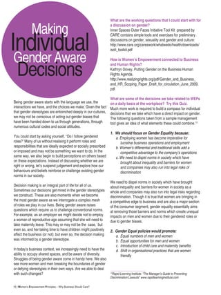 16 | Women’s Empowerment Principles – Why Business Should Care?
Being gender aware starts with the language we use, the
interactions we have, and the choices we make. Given the fact
that gender stereotypes are entrenched deeply in our cultures,
we may not be conscious of acting out gender biases that
have been handed down to us through generations, through
numerous cultural codes and social attitudes.
You could start by asking yourself, ‘‘Do I follow gendered
roles?’ Many of us without realising it perform roles and
responsibilities that are ideally expected or socially prescribed
or imposed and may not be something we want to do. In the
same way, we also begin to build perceptions on others based
on these expectations. Instead of discussing whether we are
right or wrong, let’s suspend judgement and explore how our
behaviours and beliefs reinforce or challenge existing gender
norms in our society.
Decision making is an integral part of life for all of us.
Sometimes our decisions get mired in the gender stereotypes
we construct. These are also moments when we become
the most gender aware as we interrogate a complex mesh
of roles we play in our lives. Being gender aware raises
questions which require us to challenge conventional norms.
For example, as an employer we might decide not to employ
a woman of reproductive age assuming that she will need to
take maternity leave. This may or may not be the case, but
even so, and her taking time to have children might positively
affect the business (or not); but even so, the decision making
was informed by a gender stereotype.
In today’s business context, we increasingly need to have the
ability to occupy shared spaces, and be aware of diversity.
Struggles of being gender aware come in handy here. We also
see more women and men breaking the boundaries of gender
or defying stereotypes in their own ways. Are we able to deal
with such changes?
What are the working questions that I could start with for
a discussion on gender?
Inner Spaces Outer Faces Initiative Tool Kit prepared by
CARE contains simple tools and exercises for preliminary
discussions on gender, sexuality and gender and culture:
http://www.care.org/careswork/whatwedo/health/downloads/
isofi_toolkit.pdf
How is Women’s Empowerment connected to Business
and Human Rights?
Kathryn Dovey, Putting Gender on the Business Human
Rights Agenda.
http://www.realizingrights.org/pdf/Gender_and_Business_
and_HR_Scoping_Paper_Draft_for_circulation_June_2009.
pdf
What are some of the decisions we take related to WEPs
on a daily basis at the workplace? Try this Quiz.
Much more work is required to build a compass for individual
decisions that we take which have a direct impact on gender.
The following questions taken from a sample management
tool gives an idea of what elements these could combine.13
1.	 We should focus on Gender Equality because:	
	 a. Employing women has become imperative for
		 lucrative business operations and employment
	 b. Women’s differential and traditional skills add a
		 competitive advantage to the company’s operations
	 c. We need to dispel norms in society which have
brought about inequality and barriers for women
and companies may also run into legal risks of
discrimination
We need to dispel norms in society which have brought
about inequality and barriers for women in society as a
whole and companies may also run into legal risks regarding
discrimination. Though it is true that women are bringing in
a competitive edge to business and are also a major section
of the consumer segment, gender equality essentially aims
at removing those barriers and norms which create unequal
impacts on men and women due to their gendered roles or
due to gender biases.
2.	 Gender Equal policies would promote:
	 a.	 Equal numbers of men and women
	 b.	 Equal opportunities for men and women
	 c.	 Introduction of child care and maternity benefits
	 d.	 Shift in organisational practices that are women
friendly
Making
IndividualGender Aware
Decisions
13
Rapid Learning Institute. “The Manager’s Guide to Preventing
Discrimination Lawsuits” www.rapidlearninginstitute.com
 