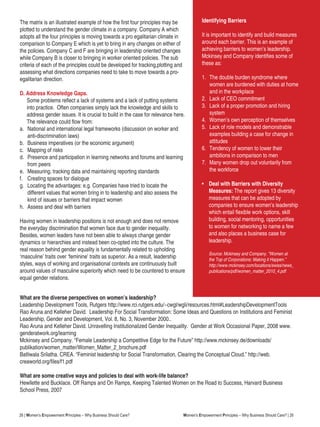 26 | Women’s Empowerment Principles – Why Business Should Care?
Identifying Barriers
It is important to identify and build measures
around each barrier. This is an example of
achieving barriers to women’s leadership.
Mckinsey and Company identifies some of
these as:
1.	 The double burden syndrome where
women are burdened with duties at home
and in the workplace
2.	 Lack of CEO commitment
3.	 Lack of a proper promotion and hiring
system
4.	 Women’s own perception of themselves
5.	 Lack of role models and demonstrable
examples building a case for change in
attitudes
6.	 Tendency of women to lower their
ambitions in comparison to men
7.	 Many women drop out voluntarily from
the workforce
•	 Deal with Barriers with Diversity
Measures: The report gives 13 diversity
measures that can be adopted by
companies to ensure women’s leadership
which entail flexible work options, skill
building, social mentoring, opportunities
to women for networking to name a few
and also places a business case for
leadership.
Source: Mckinsey and Company. “Women at
the Top of Corporations: Making it Happen.”
http://www.mckinsey.com/locations/swiss/news_
publications/pdf/women_matter_2010_4.pdf
The matrix is an illustrated example of how the first four principles may be
plotted to understand the gender climate in a company. Company A which
adopts all the four principles is moving towards a pro egalitarian climate in
comparison to Company E which is yet to bring in any changes on either of
the policies. Company C and F are bringing in leadership oriented changes
while Company B is closer to bringing in worker oriented policies. The sub
criteria of each of the principles could be developed for tracking,plotting and
assessing what directions companies need to take to move towards a pro-
egalitarian direction.
D. Address Knowledge Gaps.
	 Some problems reflect a lack of systems and a lack of putting systems
into practice. Often companies simply lack the knowledge and skills to
address gender issues. It is crucial to build in the case for relevance here.
The relevance could flow from:
a.	 National and international legal frameworks (discussion on worker and 	
	 anti-discrimination laws)
b.	 Business imperatives (or the economic argument)
c.	 Mapping of risks
d.	 Presence and participation in learning networks and forums and learning 	
	 from peers
e.	 Measuring, tracking data and maintaining reporting standards
f.	 Creating spaces for dialogue
g.	 Locating the advantages: e.g. Companies have tried to locate the 		
	 different values that women bring in to leadership and also assess the 	
	 kind of issues or barriers that impact women
h.	 Assess and deal with barriers
Having women in leadership positions is not enough and does not remove
the everyday discrimination that women face due to gender inequality.
Besides, women leaders have not been able to always change gender
dynamics or hierarchies and instead been co-opted into the culture. The
real reason behind gender equality is fundamentally related to upholding
‘masculine’ traits over ‘feminine’ traits as superior. As a result, leadership
styles, ways of working and organisational contexts are continuously built
around values of masculine superiority which need to be countered to ensure
equal gender relations.
Women’s Empowerment Principles – Why Business Should Care? | 26
What are the diverse perspectives on women’s leadership?
Leadership Development Tools, Rutgers http://www.rci.rutgers.edu/~cwgl/wgli/resources.html#LeadershipDevelopmentTools
Rao Aruna and Kelleher David. Leadership For Social Transformation: Some Ideas and Questions on Institutions and Feminist
Leadership, Gender and Development, Vol. 8, No. 3, November 2000..
Rao Aruna and Kelleher David. Unravelling Institutionalized Gender Inequality. Gender at Work Occasional Paper, 2008 www.
genderatwork.org/learning
Mckinsey and Company. “Female Leadership a Competitive Edge for the Future” http://www.mckinsey.de/downloads/
publikation/women_matter/Women_Matter_2_brochure.pdf
Batliwala Srilatha. CREA. “Feminist leadership for Social Transformation, Clearing the Conceptual Cloud.” http://web.
creaworld.org/files/f1.pdf
What are some creative ways and policies to deal with work-life balance?
Hewllette and Bucklace. Off Ramps and On Ramps, Keeping Talented Women on the Road to Success, Harvard Business
School Press, 2007
 