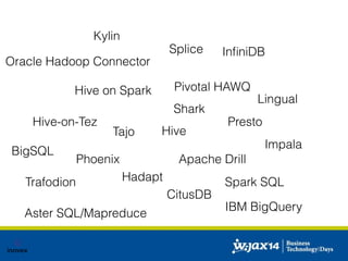 Hive 
Presto 
Oracle Hadoop Connector 
Hive on Spark 
Shark 
Hive-on-Tez 
Tajo 
Lingual 
Phoenix Apache Drill 
BigSQL 
Trafodion Hadapt 
CitusDB 
Impala 
Spark SQL 
Splice 
Pivotal HAWQ 
IBM BigSQL 
Aster SQL/Mapreduce 
InfiniDB 
Kylin 
 