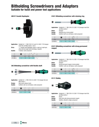 Code mm mm mm
05013390002 1
/4
" 45 44 87 1 25
/32
" 2
Code mm mm
05028160002 1
/4
" 177 98 7" 5
Code mm mm mm
05051005005 1
/4
" 120 112 10.5 4 3
/4
" 2
Code mm mm mm
05051205004 1
/4
" 120 112 10.5 4 3
/4
" 2
Code mm mm
05051105002 1
/4
" 10 54 3
/8
" 2
176
489 R T-handle Rapidaptor
Application: Suitable for 1
/4
" DIN 3126-C 6.3 and E 6.3 (ISO 1173) hexagon
insert bits und Wera Series 1 and 4
Drive: 1
/4
" hexagon with Rapidaptor rapid-in, rapid-out, rapid-spin,
chuck-all and single-hand technology, magnetic
Handle: T-handle, multi-component
392 Bitholding screwdriver with flexible shaft
Application: Suitable for 1
/4
" DIN 3126-C 6.3 (ISO 1173) hexagon bits and
Wera Series 1
Design: Wera quick-release chuck
Handle: Kraftform with non-roll feature, multi-component
810/1 Bitholding screwdriver with retaining ring
Application: Suitable for 1
/4
" DIN 3126-C 6.3 (ISO 1173) hexagon insert bits
and Wera Series 1
Blade: Hexagon
Design: Retaining ring, chrome-plated
Handle: Kraftform with non-roll feature, multi-component
812/1 Bitholding screwdriver with strong permanent
magnet
Application: Suitable for 1
/4
" DIN 3126-C 6.3 (ISO 1173) hexagon insert bits
and Wera Series 1
Blade: Hexagon
Design: Strong permanent magnet, chrome-plated
Handle: Kraftform with non-roll feature, multi-component
811/1 Stubby
Application: Suitable for 1
/4
" DIN 3126-C 6.3 (ISO 1173) hexagon insert bits
and Wera Series 1
Blade: Round
Design: Extra short with strong permanent magnet
Handle: Kraftform, Weralit II, single-component
Bitholding Screwdrivers and Adaptors
Suitable for hand and power tool applications
 