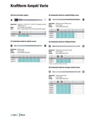 Code mm mm mm mm
05002920003 PH 1 0.6 4.0 6 175 7" 5
05002923003 PH 2 1.0 6.0 6 175 7" 5
05002926003 PH 3 1.2 7.0 6 175 7" 5
Code mm mm
05002930004 PH 1 PZ 1 6 175 7" 5
05002933004 PH 2 PZ 2 6 175 7" 5
Code mm mm
05002936003 2.5 2.5 6 175 7" 5
05002938005 3 3 6 175 7" 5
05002940005 4 4 6 175 7" 5
05002943005 5 5 6 175 7" 5
05002946005 6 6 6 175 7" 5
Code mm mm mm
05051835003 1
/4
" 6 165 6 9
/16
" 2
Code mm mm mm mm mm mm
05002910005 0.6 4.0 1.0 6.0 6 175 7" 5
05002913005 0.8 5.0 1.2 7.0 6 175 7" 5
186
82 Combination blade for slotted/Phillips srews
Application: Slotted screws and Phillips screws
Blade: 6 mm hexagon
Design: Chrome-plated, Black Point
83 Combination blade for Phillips/Pozidriv
Application: Phillips screws and Pozidriv*)
screws
Blade: 6 mm hexagon
Design: Chrome-plated, Black Point
*)
Pozidriv = reg. trademark of Phillips Screw Company.
84 Combination blade for hexagon socket screws
Application: Hexagon socket screws
Blade: 6 mm hexagon
Design: Chrome-plated, Black Point
830 Vario bit holder adaptor
Application: Suitable for 1
/4
" DIN 3126- C 6.3 (ISO 1173) hexagon insert bits
and Wera Series 1
Blade: 6 mm hexagon, chrome-plated
Drive: Wera 1
/4
" quick-release chuck with strong permanent magnet
81 Combination blade for slotted screws
Application: Slotted screws
Blade: 6 mm hexagon
Design: Chrome-plated, Black Point
Kraftform Kompakt Vario
 