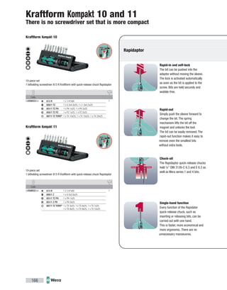 Code
05056653003 1813 R 1 x 1/4"x90
800/1 TZ 1 x 0.5x4.0x25; 1 x 1.0x5.5x25
851/1 TZ PH 1 x PH 1x25; 1 x PH 2x25
855/1 TZ PZ 1 x PZ 1x25; 1 x PZ 2x25
867/1 TZ TORX®
1 x TX 10x25; 1 x TX 15x25; 1 x TX 20x25
Code
05056652004 1813 R 1 x 1/4"x90
800/1 Z 1 x 0.5x3.0x25
851/1 TZ PH 1 x PH 1x25
851/1 Z PH 1 x PH 0x25
867/1 TZ TORX®
1 x TX 5x25; 1 x TX 6x25; 1 x TX 7x25;
1 x TX 8x25; 1 x TX 9x25; 1 x TX 10x25
166
Rapid-in and self-lock
The bit can be pushed into the
adaptor without moving the sleeve.
The lock is activated automatically
as soon as the bit is applied to the
screw. Bits are held securely and
wobble-free.
Rapid-out
Simply push the sleeve forward to
change the bit. The spring
mechanism lifts the bit off the
magnet and unlocks the tool.
The bit can be easily removed. The
rapid-out function makes it easy to
remove even the smallest bits
without extra tools.
Chuck-all
The Rapidaptor quick-release chucks
hold ¼" DIN 3126-C 6.3 and E 6.3 as
well as Wera series 1 and 4 bits.
Single-hand function
Every function of the Rapidator
quick-release chuck, such as
inserting or releasing bits, can be
carried out with one hand.
This is faster, more economical and
more ergonomic. There are no
unnecessary manoeuvres.
Rapidaptor
Kraftform Kompakt 10 and 11
There is no screwdriver set that is more compact
Kraftform Kompakt 10
10-piece set
1 bitholding screwdriver 813 R Kraftform with quick-release chuck Rapidaptor
Kraftform Kompakt 11
10-piece set
1 bitholding screwdriver 813 R Kraftform with quick-release chuck Rapidaptor
 