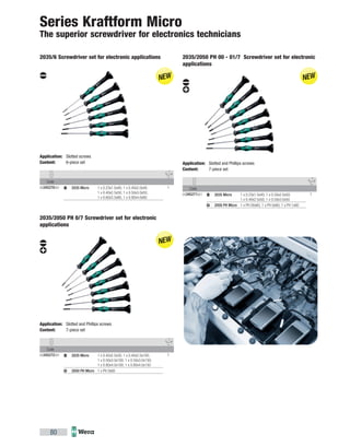 Code
05345270001 12035 Micro 1 x 0.23x1.5x40; 1 x 0.40x2.0x40;
1 x 0.40x2.5x50; 1 x 0.50x3.0x50;
1 x 0.60x3.5x80; 1 x 0.80x4.0x80
Code
05345272001 12035 Micro 1 x 0.40x2.5x50; 1 x 0.40x2.5x100;
1 x 0.50x3.0x100; 1 x 0.50x3.0x150;
1 x 0.80x4.0x100; 1 x 0.80x4.0x150
2050 PH Micro 1 x PH 0x60
Code
05345271001 12035 Micro 1 x 0.23x1.5x40; 1 x 0.30x2.0x50;
1 x 0.40x2.5x50; 1 x 0.50x3.0x50
2050 PH Micro 1 x PH 00x60; 1 x PH 0x60; 1 x PH 1x60
80
Series Kraftform Micro
The superior screwdriver for electronics technicians
2035/6 Screwdriver set for electronic applications
Application: Slotted screws
Content: 6-piece set
2035/2050 PH 0/7 Screwdriver set for electronic
applications
Application: Slotted and Phillips screws
Content: 7-piece set
2035/2050 PH 00 - 01/7 Screwdriver set for electronic
applications
Application: Slotted and Phillips screws
Content: 7-piece set
 