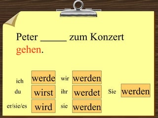 werde wird werden werdet werden wir du er/sie/es ich ihr sie werden Sie Peter  zum Konzert  gehen . wirst 