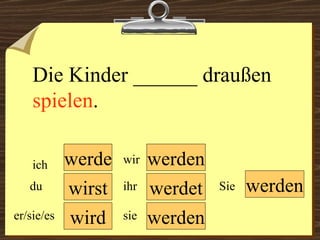 werde wird werden werden wir du er/sie/es ich ihr sie werden Sie Die Kinder ______ draußen  spielen . wirst werdet 