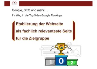 Google, SEO und mehr…
Ihr Weg in die Top 5 des Google Rankings
Etablierung der Webseite
als fachlich relevanteste Seite
für die Zielgruppe
 