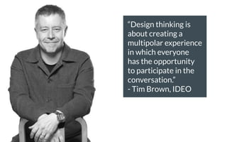 “Design thinking is
about creating a
multipolar experience
in which everyone
has the opportunity
to participate in the
conversation.”
- Tim Brown, IDEO
 