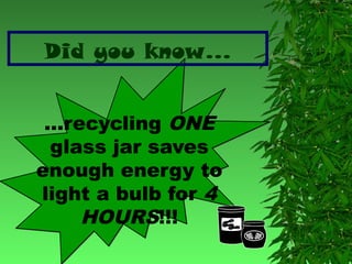 Did you know…
…recycling ONE
glass jar saves
enough energy to
light a bulb for 4
HOURS!!!

 