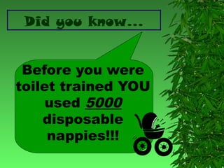 Did you know…
Before you were
toilet trained YOU
used 5000
disposable
nappies!!!

 