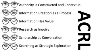 ACRL
Authority Is Constructed and Contextual
Information Creation as a Process
Information Has Value
Research as Inquiry
S...