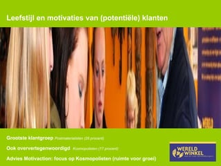 Leefstijl en motivaties van (potentiële) klanten Grootste klantgroep  Postmaterialisten (26 procent) Ook oververtegenwoordigd  Kosmopolieten (17 procent) Advies Motivaction: focus op Kosmopolieten (ruimte voor groei)  