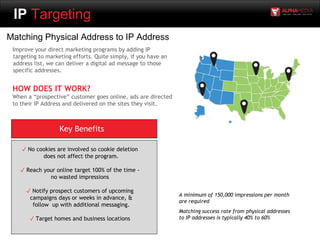 IP Targeting
Matching Physical Address to IP Address
Improve your direct marketing programs by adding IP
targeting to marketing efforts. Quite simply, if you have an
address list, we can deliver a digital ad message to those
specific addresses.
Key Benefits
HOW DOES IT WORK?
When a “prospective” customer goes online, ads are directed
to their IP Address and delivered on the sites they visit.
A minimum of 150,000 impressions per month
are required
Matching success rate from physical addresses
to IP addresses is typically 40% to 60%
✓ No cookies are involved so cookie deletion
does not affect the program.
✓ Reach your online target 100% of the time -
no wasted impressions
✓ Notify prospect customers of upcoming
campaigns days or weeks in advance, &
follow up with additional messaging.
✓ Target homes and business locations
 