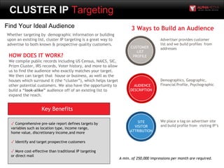 CLUSTER IP Targeting
Find Your Ideal Audience
Whether targeting by demographic information or building
upon an existing list, cluster IP targeting is a great way to
advertise to both known & prospective quality customers.
Key Benefits
HOW DOES IT WORK?
We compile public records including US Census, NAICS, SIC,
Prizm Cluster, IRS records, Voter history, and more to allow
us to find the audience who exactly matches your target.
We then can target that house or business, as well as the
houses which surround it (the “cluster”), which helps target
other potential customers. We also have the opportunity to
build a “look-alike” audience off of an existing list to
expand the reach.
A min. of 250,000 impressions per month are required.
CUSTOMER
LIST
PROFILE
AUDIENCE
DESCRIPTION
SITE
VISITOR
ATTRIBUTION
3 Ways to Build an Audience
Demographics, Geographic,
Financial Profile, Psychographic
Advertiser provides customer
list and we build profiles from
addresses
We place a tag on advertiser site
and build profile from visiting IP’s
✓ Comprehensive pre-sale report defines targets by
variables such as location type, income range,
home value, discretionary income,and more
✓ Identify and target prospective customers
✓ More cost-effective than traditional IP targeting
or direct mail
 