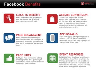 Facebook Benefits
PAGE ENGAGEMENT
Reach people in areas where you
want to do business. For example, if
you’re a local business, you can show
your ads to people who are near your
store
CLICK TO WEBSITE
Reach people who like your Page or
your app, or who are attending
your event – and their friends.
PAGE LIKES
Build your Page audience by getting
more Page Likes. It’s a great way to
connect with new customers and learn
more about your audiences.
WEBSITE CONVERSION
Track actions people took on your
website after they saw your Facebook
ad. This data helps you understand who
comes to your site and what they’re
responding to so you can make your ads
(and website) even better.
EVENT RESPONSES
Let people know about your special event
with a Facebook ad. When people see it,
they can join and it even will be added to
their Facebook calendar. They’ll also get
reminders for the event, and you can keep
track of how many people responded.
APP INSTALLS
Grow your app by getting more people to
install it. You can get your ad to the
When they tap your ad, they’ll go right to
the app store install page.
 