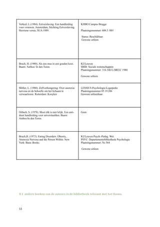 Verkuil, L (1984). Eetverslaving. Een handleiding       KHBO Campus Brugge
voor vrouwen. Amsterdam, Stichting Eetverslaving.
Herziene versie, SUA 1989.                              Plaatsingsnummer: 606.3 /001

                                                        Status: Beschikbaar
                                                        Gewone uitleen




Bruch, H. (1980). Als een mus in een gouden kooi.       KULeuven
Baarn: Anthos/ In den Toren.                            SBIB: Sociale wetenschappen
                                                        Plaatsingsnummer: 316.346 G BRUC 1980

                                                        Gewone uitleen



Möller, L. (1980). Zelfverhongering. Over anorexia      LESSIUS Psychologie-Logopedie
nervosa en de behoefte om het lichaam te                Plaatsingsnummer 05.19.206
verwaarlozen. Rotterdam: Kooyker                        Gewoon uitleenbaar




Orbach, S. (1978). Mooi dik is niet lelijk. Een anti-   Geen
dieet handleiding voor eetverslaafden. Baarn:
Anthos/In den Toren.




Bruch,H. (1973). Eating Disorders. Obesity,             KULeuven Psych.-Pedag. Wet.
Anorexia Nervosa and the Person Within. New             PSYC: Departementsbibliotheek Psychologie
York: Basic Books.                                      Plaatsingsnummer: Ns 564

                                                        Gewone uitleen




8.1 andere boeken van de auteurs in de bibliotheek relevant met het thema.



11
 