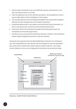 14
2 Het zijn open initiatieven waar verschillende culturen samenkomen; men
leert van elkaars kennis en kunde.
3 Over het algemeen zijn er één of twee kartrekkers, die vrijwillig hun visie en
passie willen delen met de vrijwilligers in het project.
4 Het sociale kapitaal is sterk vertegenwoordigd binnen de gemeenschappen.
Iedereen zet zijn competenties in om doelen te bereiken.
5 De politiek (gemeente) is niet zelden nauw betrokken bij de initiatieven. Ze
levert vaak de grond en ondersteunt de initiatieven ﬁnancieel.
6 Daarnaast komen de initiatieven aan geld door fondsenwerving en via
benaderde commerciële organisaties.
7 De infrastructuur waarmee de initiatieven werken is beperkt. De initiatieven
hebben beperkt (digitaal) materieel, zoals een website.
De laatste drie kapitalen laten de afhankelijkheid van derden van initiatieven
zien. Wil stadslandbouw meer zijn dan een buurtproject en kunnen opschalen,
dan zal de interne organisatie verder moeten worden ingericht . Dit vraagt
om een heldere structuur, een uitgewerkte marketing, een productenrange
Figuur 3 Systeemmodel stadslandbouw
Beleid op 3 niveaus:
Gemeente, Provincie, Rijk
Stakeholders
Raamwerk van kapitalen
Systeem
1 Primaire proces
2 Coördinatie
3 Controle
4 Strategie
5 Identiteit
Levensvatbaar
Systeem Model
Community
Omgeving
Sociaal
Cultureel
Natuurlijk
Menselijk
Politiek
Financieel
Infrastructureel
 