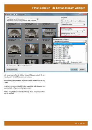 Foto’s ophalen - de bestandsnaam wijzigen




Als je dat wenst kan je Adobe Bridge CS4 automatisch de be-
standsnaam van de foto’s laten aanpassen.

Klik op het pijltje naast het afrolmenu onder “Bestandsnaam wij-
zigen:”.

Je krijgt meerdere mogelijkheden, waarbij je ook nog eens een
automatisch volgnummer kan genereren.

Welke mogelijkheid het beste is hangt af van je eigen voorkeu-
ren en wensen.




                                                                           blz 19 van 82
 