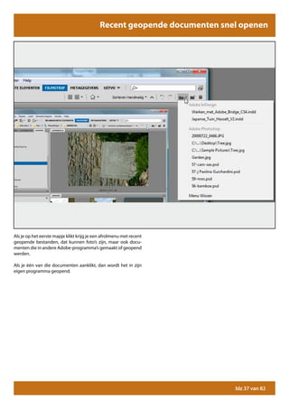 Recent geopende documenten snel openen




Als je op het eerste mapje klikt krijg je een afrolmenu met recent
geopende bestanden, dat kunnen foto’s zijn, maar ook docu-
menten die in andere Adobe-programma’s gemaakt of geopend
werden.

Als je één van die documenten aanklikt, dan wordt het in zijn
eigen programma geopend.




                                                                          blz 37 van 82
 