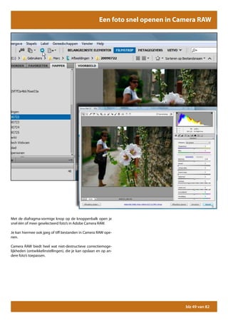 Een foto snel openen in Camera RAW




Met de diafragma-vormige knop op de knoppenbalk open je
snel één of meer geselecteerd foto’s in Adobe Camera RAW.

Je kan hiermee ook jpeg of tiff bestanden in Camera RAW ope-
nen.

Camera RAW biedt heel wat niet-destructieve correctiemoge-
lijkheden (ontwikkelinstellingen), die je kan opslaan en op an-
dere foto’s toepassen.




                                                                                 blz 49 van 82
 