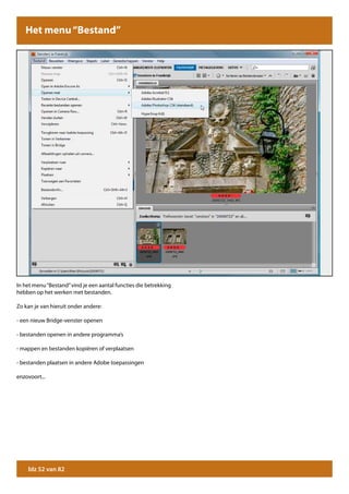 Het menu “Bestand”




In het menu “Bestand” vind je een aantal functies die betrekking
hebben op het werken met bestanden.

Zo kan je van hieruit onder andere:

- een nieuw Bridge-venster openen

- bestanden openen in andere programma’s

- mappen en bestanden kopiëren of verplaatsen

- bestanden plaatsen in andere Adobe toepassingen

enzovoort...




    blz 52 van 82
 