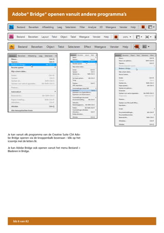 Adobe® Bridge® openen vanuit andere programma’s




Je kan vanuit elk programma van de Creative Suite CS4 Ado-
be Bridge openen via de knoppenbalk bovenaan - klik op het
icoontje met de letters Br.

Je kan Adobe Bridge ook openen vanuit het menu Bestand >
Bladeren in Bridge.




    blz 6 van 82
 