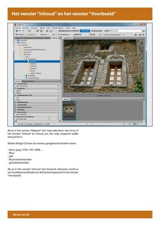 Het venster “Inhoud” en het venster “Voorbeeld”




Als je in het venster “Mappen” een map selecteert, dan zie je in
het venster “Inhoud” de inhoud van die map, ongeacht welke
inhoud het is.

Adobe Bridge CS4 kan de meeste gangbare bestanden tonen.

- foto’s: jpeg / PSD / tiff / RAW ...
- films
- pdf
- Illustratorbestanden
- geluidsbestanden

Als je in het venster “Inhoud” een bestand selecteert wordt er
een kwaliteitsvoorbeeld van dat bestand getoond in het venster
“Voorbeeld”.




     blz 66 van 82
 