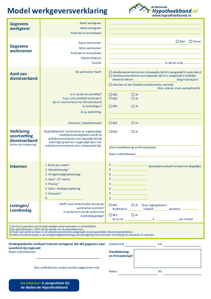 Werkgeversverklaring Nhg Model Nationale Hypotheekgarantie Hypotheekb…